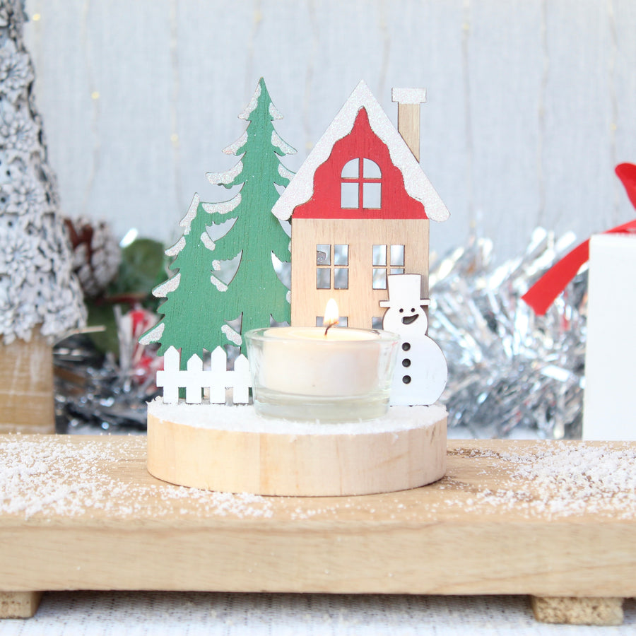 Snowman House Scene Tea Light Holder